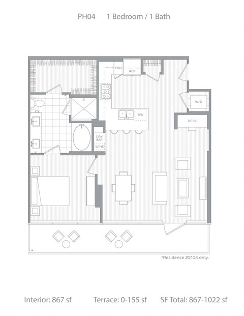 Floor plan for 1 bed, 1 bath, 945 sqft